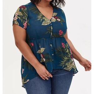 Torrid Teal Floral Chiffon Button Front Peplum Top Blouse Plus Size 00, NWT‎